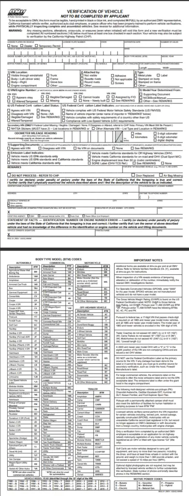 Verification of Vehicle (REG 31) form