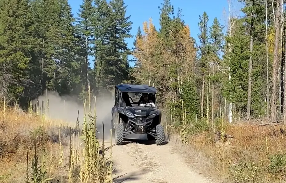 A Yamaha RMAX4 1000 is being driven through a forest road.