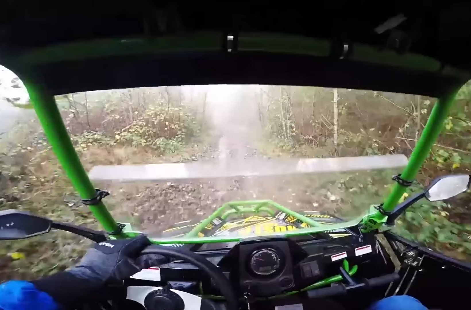 A UTV is being driven by a kid through a jungle terrain.