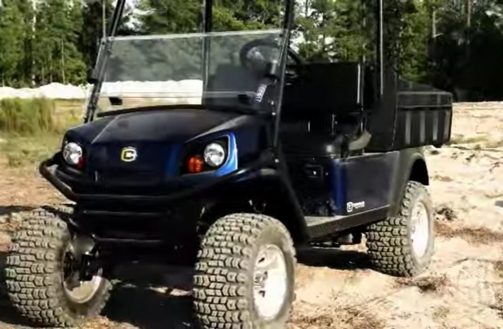 A Cushman Hauler 4x4 Electric is parked on a sandy surface. In the background there are trees and bushes.