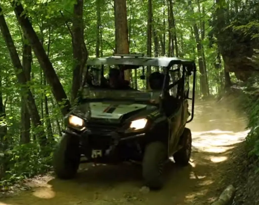 A Honda Pioneer 1000 is being driven through a jungle terrain after fixing engine stalling problem.