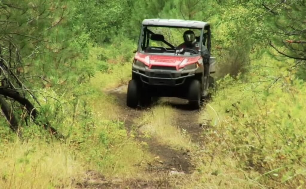 A Polaris Ranger XP 900 is being driven through a jungle terrain.