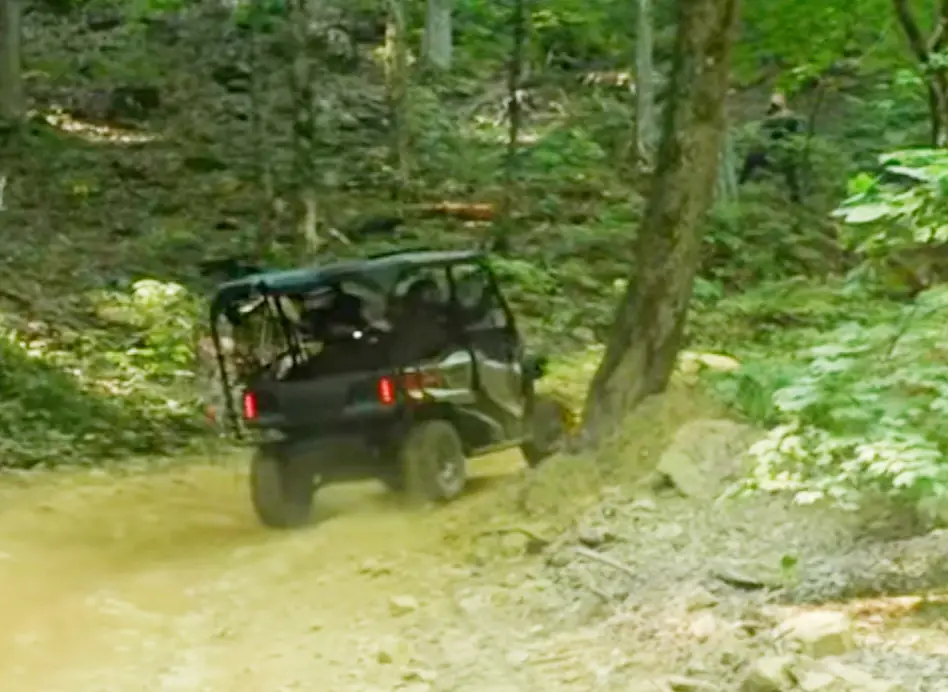 A Honda Pioneer 1000 is being driven through a jungle road.