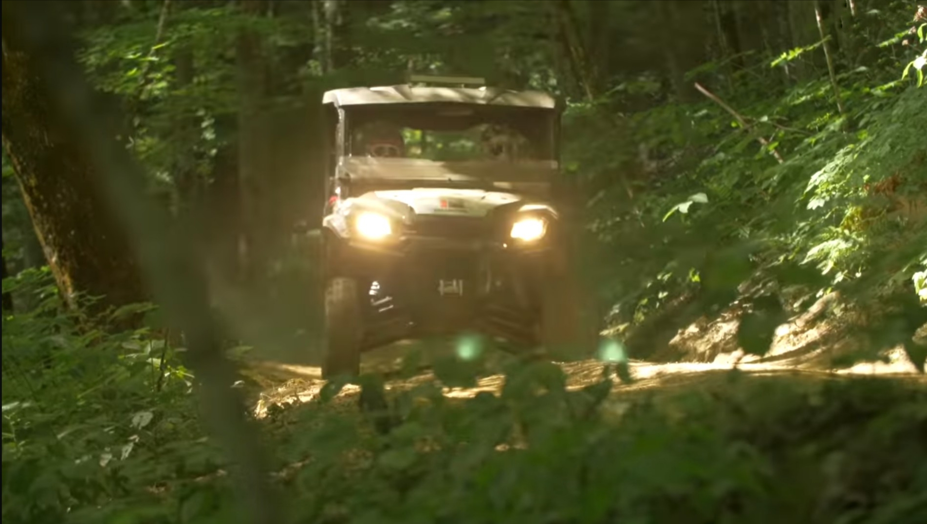 A Honda Pioneer 1000 is being driven through a jungle terrain.