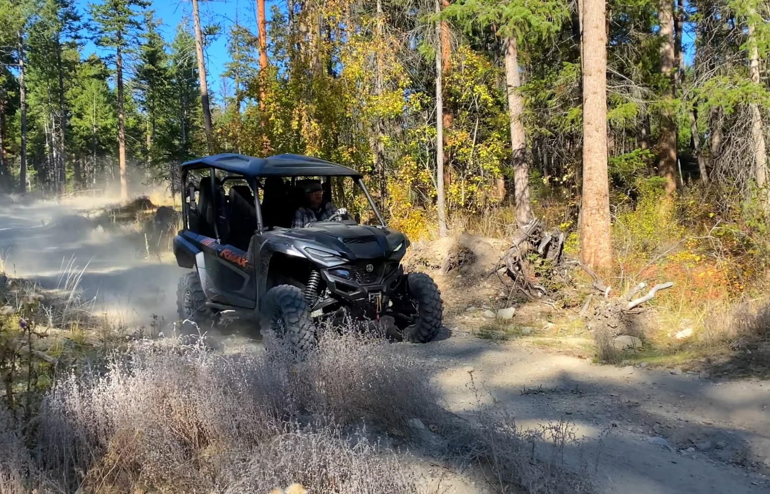 I was driving the Yamaha RMAX through a dirt road in a forest.