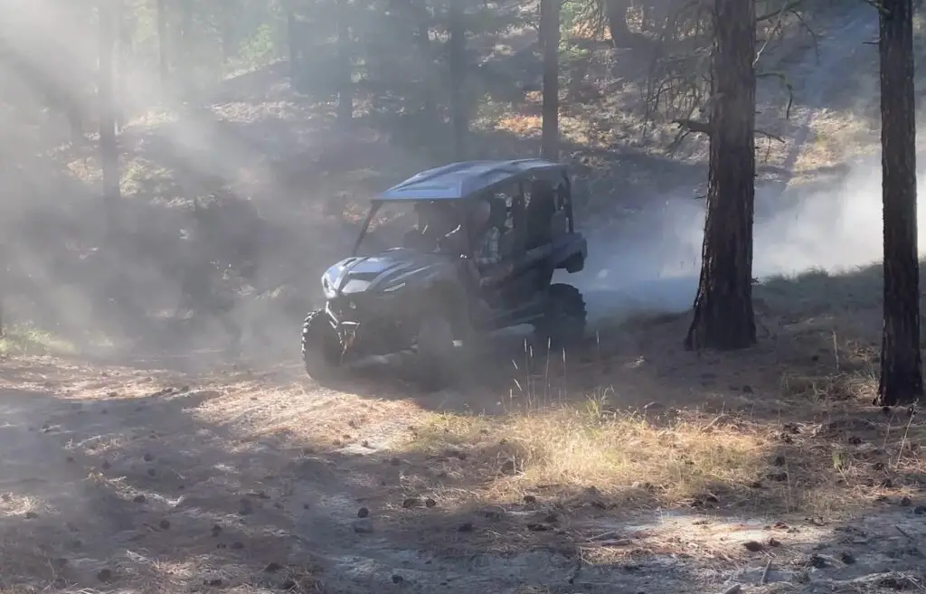 Beneath the canopy of trees, I embarked on a jungle adventure with the Yamaha Wolverine RMAX4 1000, navigating through dense foliage and muddy terrain with the confidence of a true explorer.